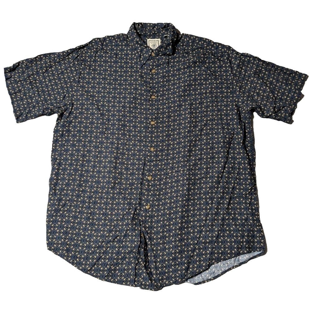 ROUNDTREE & YORKEโ Men Large Blue GEO AOP Rayon Short Sleeve Button-Up Shirt